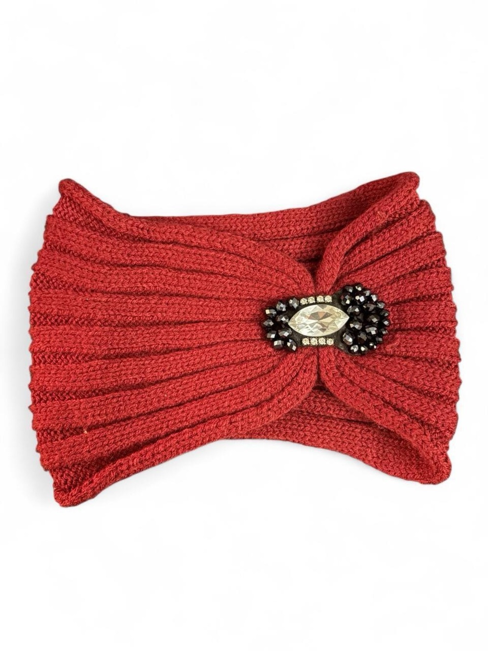 Red Cable Knit Bejeweled Headband Ear Warmer Rhinestone Gem Turban Winter - Picture 5 of 5
